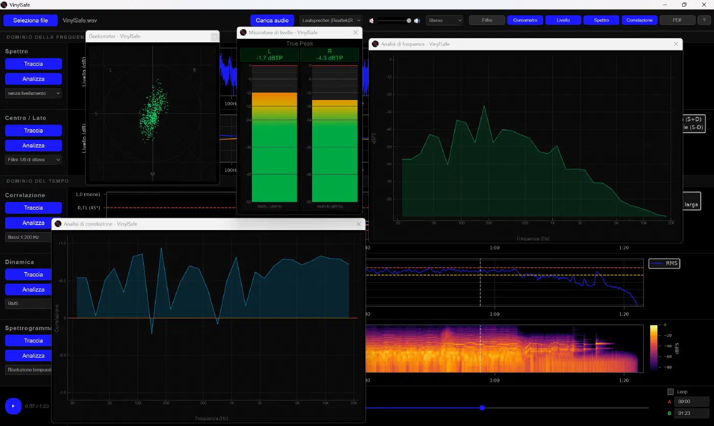 Gli strumenti live mostrano immagine stereo, livello, spettro e fase.